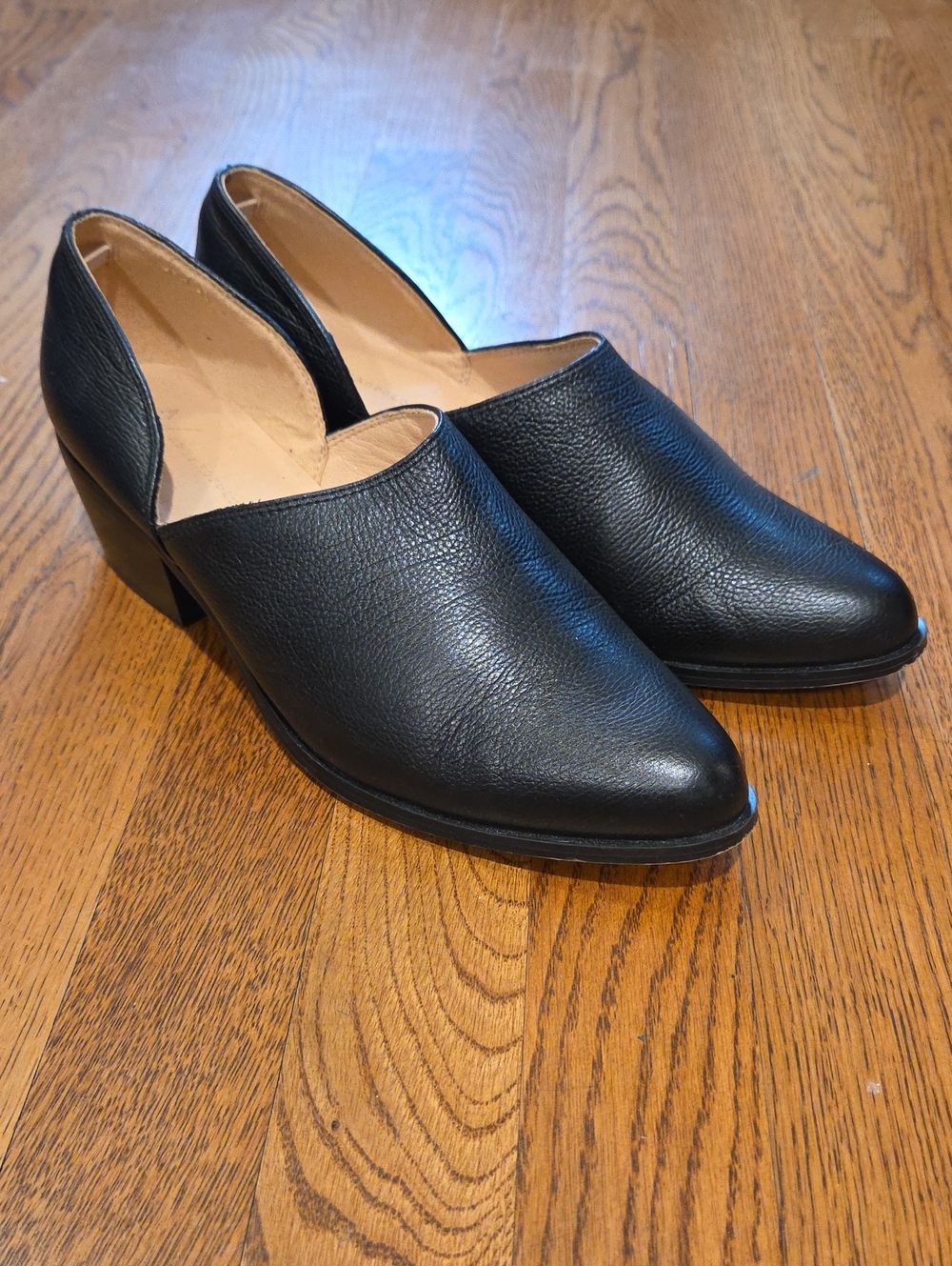 Anthropologie Black Leather Pointed Low Block Heel Pumps